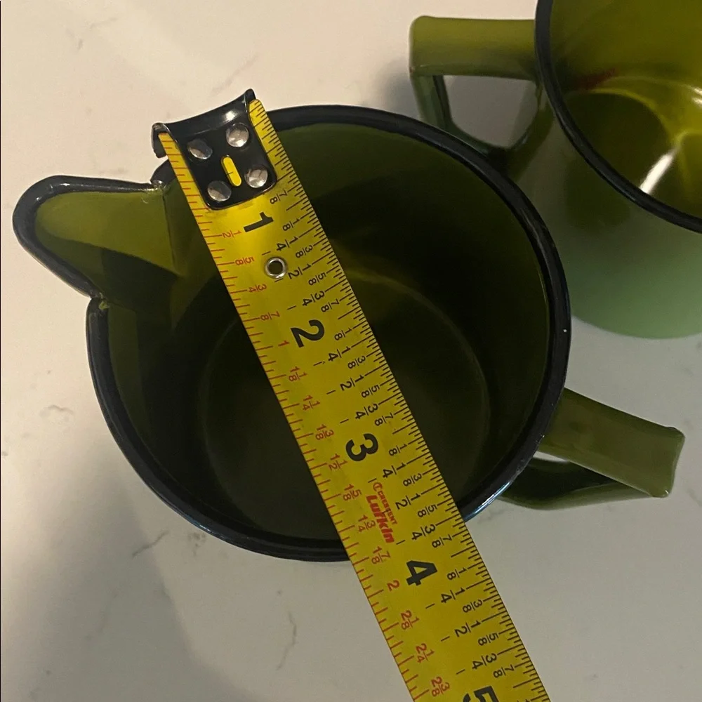 Vintage Olive Green Enamel Sugar and Creamer Set 3.5” Tall